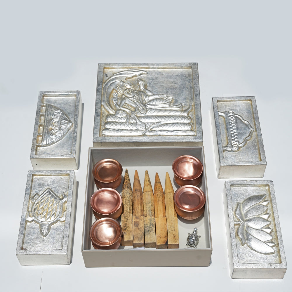 Complete Neev Ka Muhurat Puja Set with Shanku, Kurma, Sheshnag, Panch Kalash, Panch Shila, and Panch Ratan gemstones from PoojaHetu